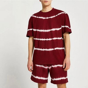 Men's Burgundy Tie Dye Striped Crew Neck T Shirt And Shorts <b>Set</b> Casual <b>Knitted</b> Summer Outfit With Matching Shorts - Product Image 1