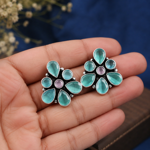 Wholesale Pink Cat Eye Turquoise Multi Oxidized <b>Silver</b> <b>Stud</b> <b>Earrings</b> Women | Handmade Boho Floral Trendy Wedding Flower <b>Earrings</b> - Product Image 3