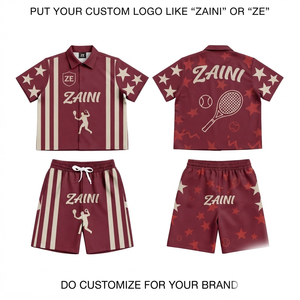 ZAINI Men's Summer Breathable 280 GSM Interlock <b>Polyester</b> <b>T</b> <b>Shirt</b> and Short Set Maroon White Panel Embossed Front Logo Print - Product Image 1