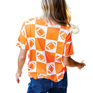 Trendy Unisex Orange White <b>Checkered</b> Football Print Short Sleeve T Shirt Game Day Casual <b>Top</b> Streetwear Women's Shirts Wholesale - Product Image 5