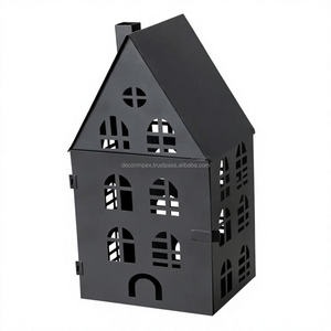 Black <b>Metal</b> House <b>Lantern</b> Set of 3 for Home Decoration Christmas Candle Holders Steel Durable Decorative Lighting - Product Image 2