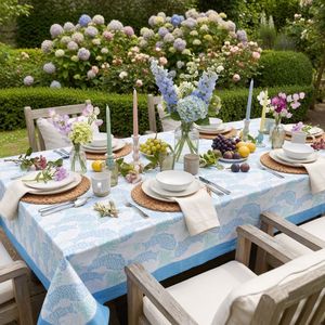 Nappe rectangulaire en coton imprimé artisanal pour 10-12 personnes, 180x340 cm, motif poisson africain bleu brume, lavable, pour usage domestique - Product Image 4