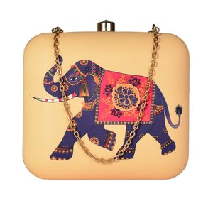 Pochette imprimée éléphant avec cadre métallique, coque rigide, finition satinée numérique, doublure en soie brute et fermoir en cristal - Product Image 1
