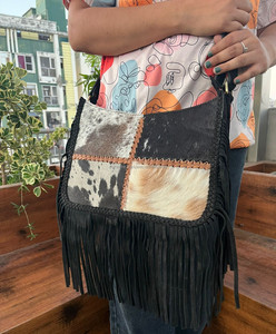 Hot Selling Suede Leather Bohemian Hobo Style Bag with Fringes Hair on Cowhide Crossbody Purse for Women's Western Hippie Bags - Product Image 3