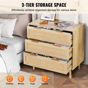 Comò Moderno a 3 Cassetti in Rattan, Cassettiera in Legno Naturale, Organizzatore per Vestiti con Stile Boho per Applicazioni in Seminterrato - Product Image 3
