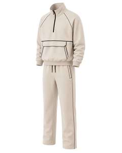 Ensemble de survêtement unisexe beige uni, demi-zip, manches longues, léger, respirant, en polaire, avec poches latérales, fermeture à cordon, décontracté - Product Image 1
