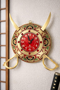 Decorative Brass Sword <b>Clock</b> with Traditional Red and Gold Finish <b>Vintage</b> Metal Wall <b>Clock</b> with Crossed Sword Design for Home - Product Image 1