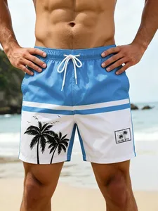 Pantalones Cortos de Playa para Hombre, Casuales, con Estampado de Palmeras Tropicales, con Cordón Ajustable, para Vacaciones, Rayas Azules y Blancas, Verano - Product Image 4