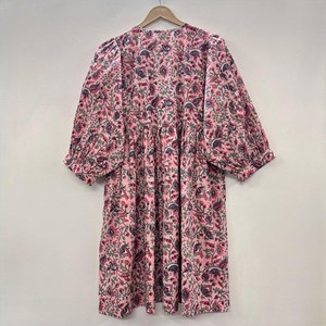 Vestido Midi Informal para Mujer, para Uso Diario, Todas las Temporadas, Tejido 100% Algodón, Liso, Manga Corta, Cintura Imperio, Estilo Babydoll, Cuello en V, Talla Grande - Product Image 2