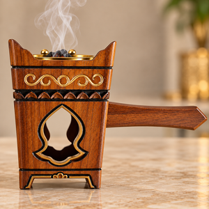 Brûleur à Bakhoor en bois artisanal de luxe avec long manche, Mabkhara arabe traditionnelle, brûleur à encens Oud avec bol en acier inoxydable - Product Image 4