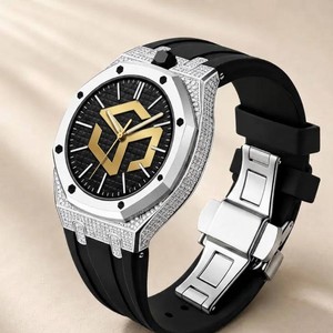 Reloj de cuarzo octogonal de lujo para hombre, acero inoxidable, bisel con diamantes, correa de caucho negra - Product Image 5