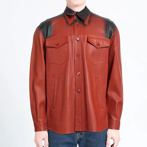 Men's Red Leather <b>Shirt</b> Long Sleeve Workwear Style Turn-down Collar Solid Color Casual <b>Shirt</b> Autumn Wear - Product Image 2