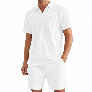 Men's <b>White</b> Striped <b>Polo</b> Shirt And Shorts Set Casual Summer Outfit Breathable Knitted Cotton Two Piece Wear - Product Image 1