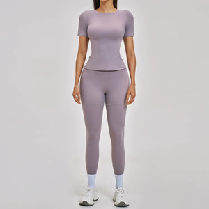 Women's 2 Piece Yoga <b>Set</b> <b>Square</b> Neck Short Sleeve Mid Waist Sweat-Wicking Solid Color Activewear Shorts Custom Front Print - Product Image 6