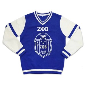 Suéter Personalizado para Hombre, de Invierno, al por Mayor, Zeta Phi Beta, Azul y Blanco, Cuello en V, Tejido de Lana/Acrílico, Secado Rápido, Antiarrugas - Product Image 1