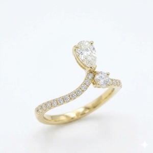 Bague Toi et Moi en Or 18 carats avec Diamant de Laboratoire Taille Poire, Bague de Fiançailles en Or avec Bande Pavée Torsadée Style Tiara, Cadeau d'Anniversaire pour Elle - Product Image 5