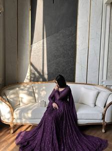 Salwar kameez de seda morada para mujer, ropa étnica india, estilo tradicional de boda en seda azul, largo hasta el suelo. - Product Image 3