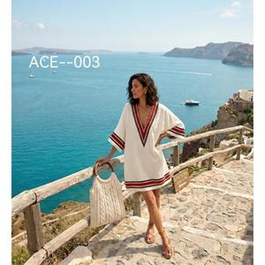 Robe trapèze en coton brodé, col en V, manches courtes, longueur genou, style vacances, motif géométrique blanc, tenue d'été en gros - Product Image 3