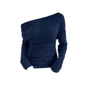 Blusa Azul de Mujer con un Hombro Descubierto, Manga Larga, Fruncida, Ajustada, Sexy, Casual, para Fiesta, Club, Chic, Holgada, de Color Sólido - Product Image 1