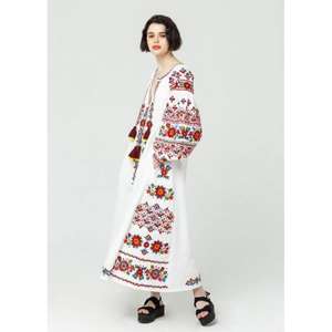 <b>Women</b> <b>White</b> Embroidered Long Boho Ethnic Maxi Kaftan Dress Full Sleeve Linen Natural Waist Washable Designer Wear - Product Image 4