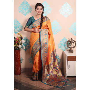 ผ้าไหมปาธานีสีส้มลายวีรุกษ์  งานทอซารี  ชุดราตรีหรูหรา  ผ้าทอชั้นดี น้ำหนัก 650 กรัม - Product Image 5