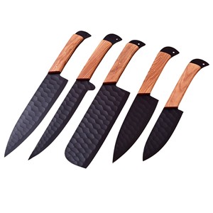 Ensemble de 5 couteaux de chef multifonctionnels en acier inoxydable brossé, faits à la main, avec manche ergonomique en olivier, légers et à lame pleine longueur - Product Image 1