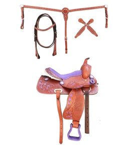 ชุดอานหนังถังตะวันตกลายดอกไม้สีม่วงคุณภาพสูงอานม้าปกสูง - Product Image 2