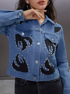 Chaqueta de mezclilla para mujer, lavado claro, con parches en contraste negros, adornos de pedrería, dobladillo desgastado, estampado floral, transpirable, formal - Product Image 4