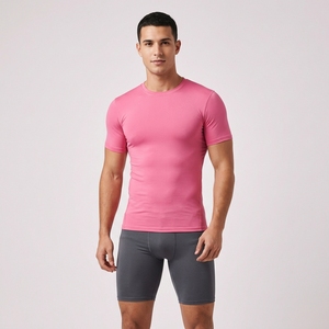 Camiseta de Compresión Rosa de Manga Corta para Hombre, Corte Ajustado, Secado Rápido, Cuello Redondo, Informal, para Entrenamiento - Product Image 1