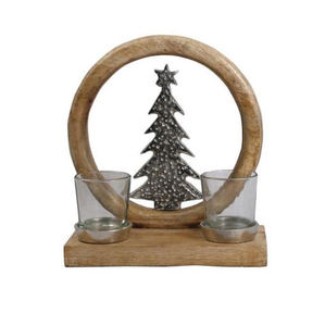 Modern Wooden Christmas Tree <b>Tealight</b> Holder With Metal Tree And Circle Frame For Indoor Home Decoration <b>Tealight</b> Holder - Product Image 1