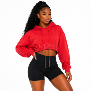 HMR Sorority Sisterhood <b>Red</b> Cropped Hooded <b>Sweatshirt</b> Solid Color Long Sleeve Fleece Crop Top With Pockets Autumn Wear - Product Image 1