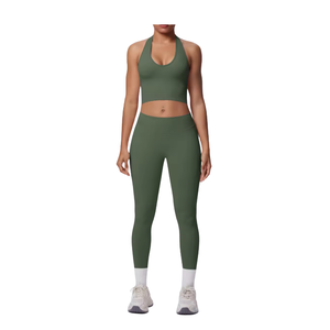 Nylon/Spandex Sweat-Wicking Breathable <b>Halter</b> Strap 2-Piece Solid Deep V Neck Women's Outdoor Yoga Workout Set High Waist - Product Image 6