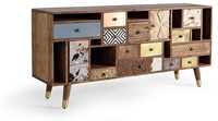 Buffet en bois de manguier massif à plusieurs tiroirs, style mid-century moderne rustique, console de rangement avec pieds en laiton.