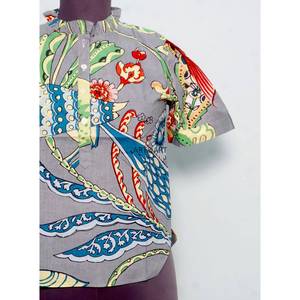 Blusa de Algodón 100% Lavable, Estampado Floral Vintage, Cuello Mandarín, Manga Media, Estilo Casual y Femenino - Product Image 2