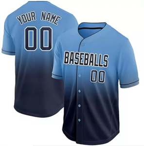 Custom Baseball Jersey Men's Short Sleeve Gradient Blue Navy Sublimated Print Breathable <b>Polyester</b> Baseball Collar Button Front - Product Image 1