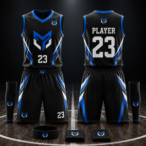 Conjunto de Uniforme de Baloncesto Geométrico Azul y Negro, Sin Mangas, Cuello en V, Absorbente de Humedad, Uniforme Deportivo para Adultos, Impresión Sublimada - Product Image 1