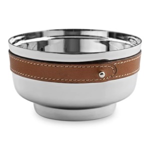 Bol de service alimentaire au design moderne, compatible lave-vaisselle, en acier inoxydable avec bande en cuir marron, poli - Product Image 1