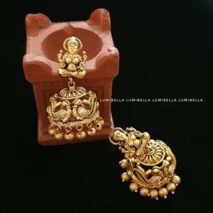Fine Dangle Earrings Antique Lakshmi Jhumka with Golden Pearls - Product Image 1