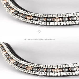 Acabado de Lujo 5 filas cristales transparentes perlas anillos personalizados mega Bling negro inglés cuero caballo ceja banda en mazorca completa - Product Image 3