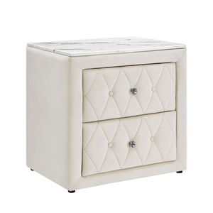 Comodino con Piano in Finto Marmo Avorio, Due Cassetti Portaoggetti, Mobile in Legno per Camera da Letto, 1 Pezzo, Rivestimento in Tessuto - Product Image 2