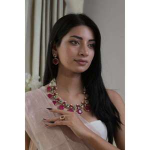 Juego de Joyería de Boda con Forma de Corona Hexagonal Chapada en Oro y Piedras Preciosas Rosas, Juego de Joyería Nupcial India con Pendientes - Product Image 1