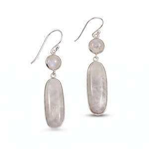 Boucles d'oreilles en pierre de lune arc-en-ciel, cabochon poire blanc, ton argenté, longues pendantes, serti clos, minimalistes, certifiées par un tiers, à crochet - Product Image 5