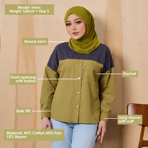 Blusa Elegante a Rayas Color Oliva, Fabricada en Malasia, Camisa Modesta de Manga Larga a Rayas para Mujer, Sin Plancha, para Uso Diario en la Oficina - Product Image 5