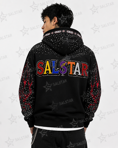 เสื้อฮู้ดดี้ผู้ชายสีดำลายกราฟิกประดับเพชรเทียม ซิปหน้า สไตล์สตรีทแวร์ พรีเมียม ปักลายฮิปฮอป แฟชั่น - Product Image 2