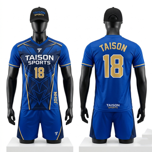 ชุดยูนิฟอร์มวอลเลย์บอลชาย ผ้าโพลีเอสเตอร์ตาข่าย 155 GSM ระบายอากาศได้ดี สีน้ำเงินทอง แผงตัดต่อสีตัดกัน พิมพ์ลายแบบ Sublimation พร้อมโลโก้สั่งทำ - Product Image 1
