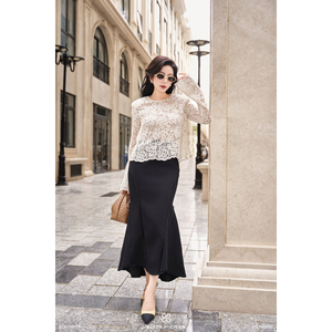 Women's Feminine <b>Long</b>-Sleeve Lace Blouse EMBERLY Vietnam 100% Polyester Regular Lace trumpet Sleeve Breathable - Product Image 1