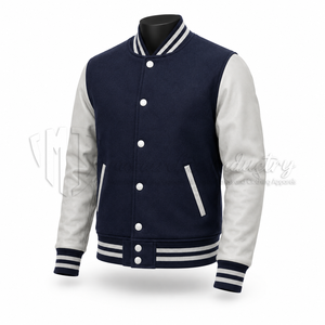 Chaqueta Varsity Azul para Hombre con Mangas de Cuero Blanco, Estilo Preppy, Corte Regular, Cuello Camisero, Cierre de Botones, Ropa de Otoño - Product Image 3