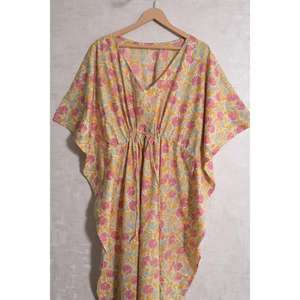 Caftán indio ecológico de algodón con estampado en bloque, vestido maxi bohemio con cintura natural, pareo floral para mujer, informal, de verano, para el hogar. - Product Image 3