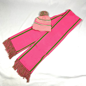 Ensemble Écharpe et Bonnet Premium AKA Longue en Tricot Épais Rose et Vert avec Franges, en Acrylique Doux, Accessoire d'Hiver Unisexe - Product Image 1