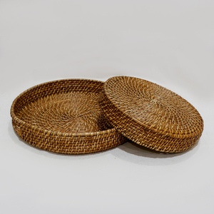 Handwoven Rattan Round Serving Tray Wicker Storage Tray with Handle <b>Decorative</b> Serving Plate for Living <b>Room</b> Kitchen - Product Image 5